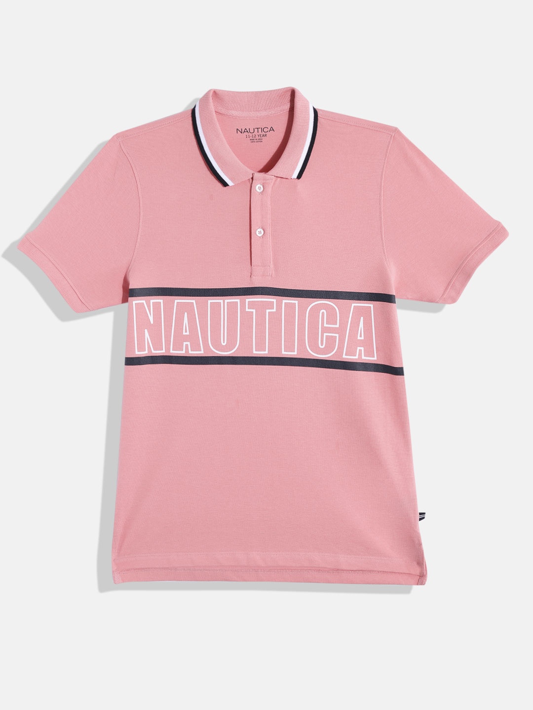 

Nautica Boys Brand Logo Printed Polo Collar Pure Cotton T-shirt, Peach