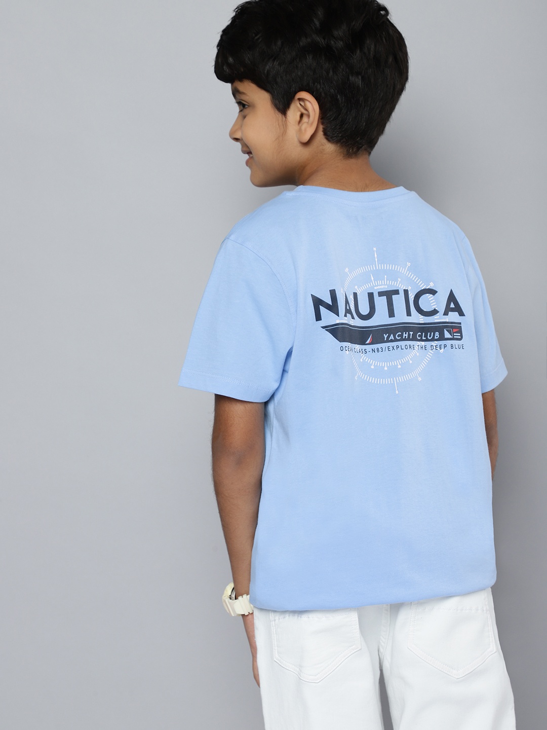 

Nautica Boys Pure Cotton Brand Logo Printed Back T-shirt, Blue