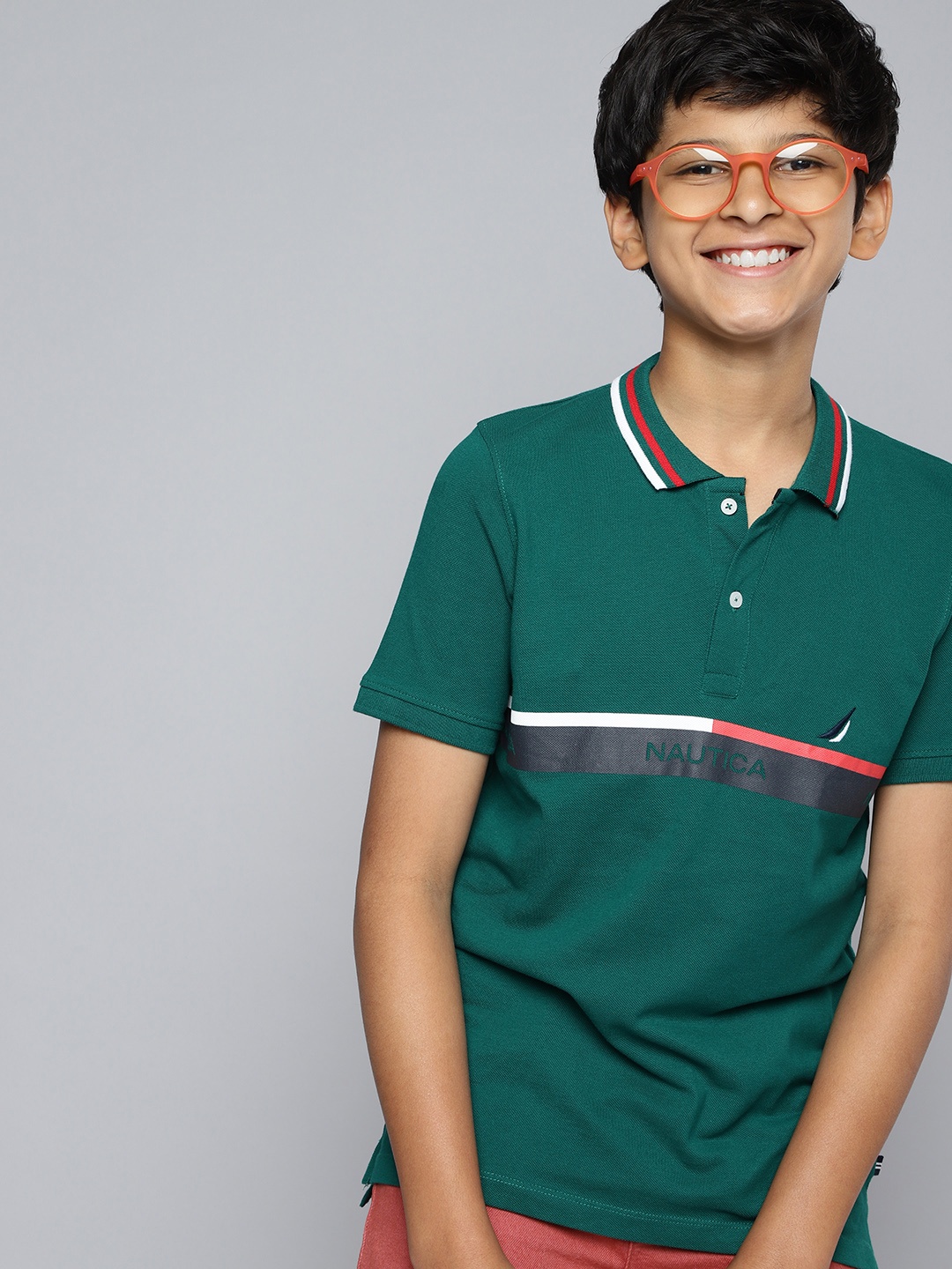

Nautica Boys Pure Cotton Brand Logo Printed Polo Collar T-shirt, Green