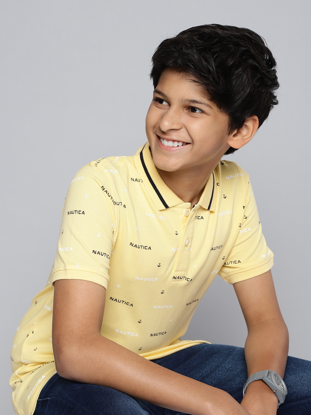 

Nautica Boys Pure Cotton Brand Logo Printed Polo Collar T-shirt, Yellow