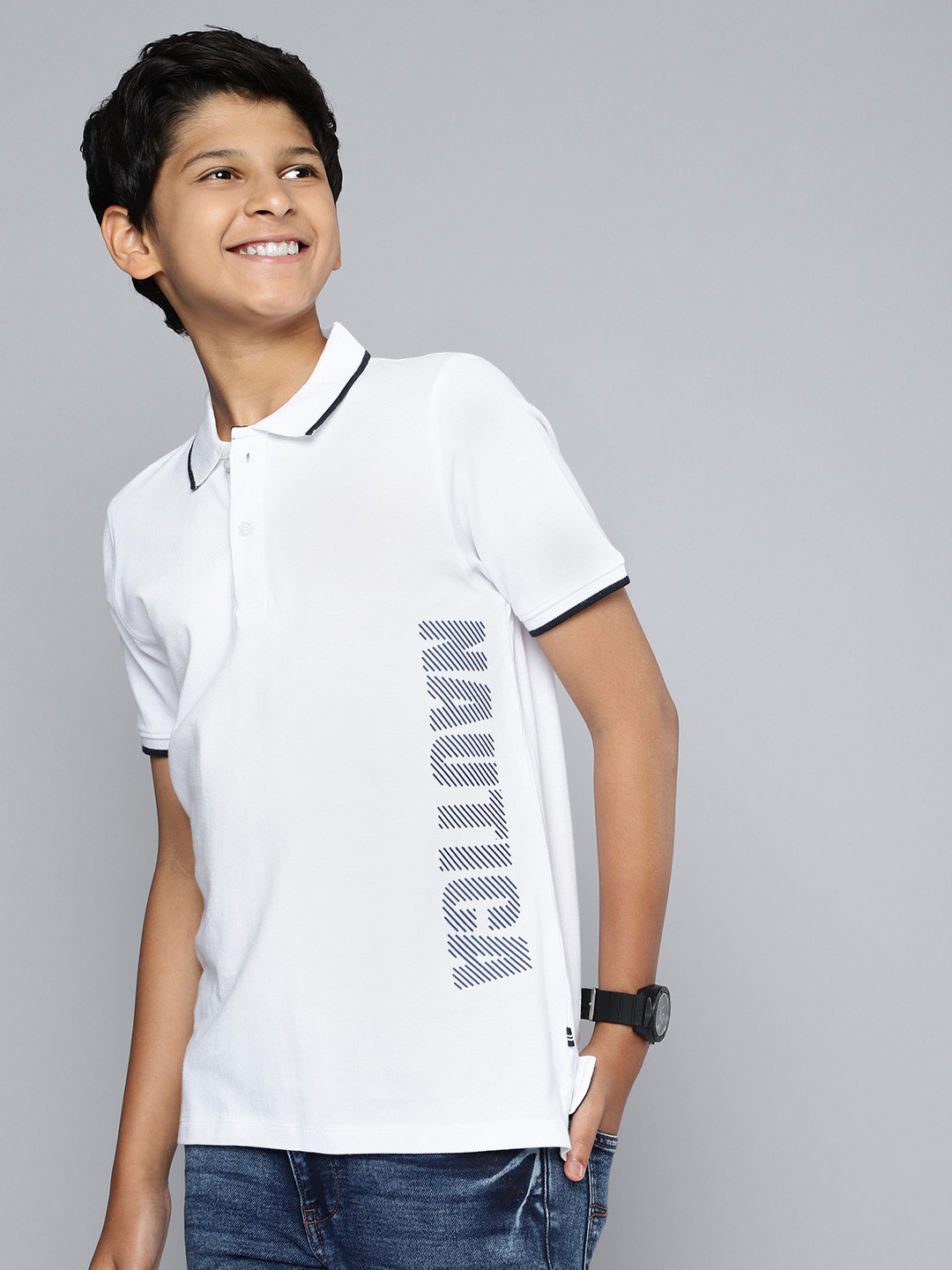 

Nautica Boys Pure Cotton Brand Logo Printed Polo Collar T-shirt, White