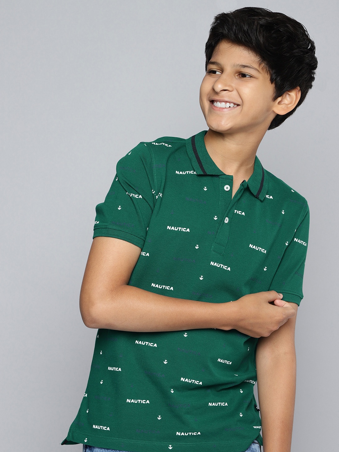 

Nautica Boys Pure Cotton Brand Logo Printed Polo Collar T-shirt, Green