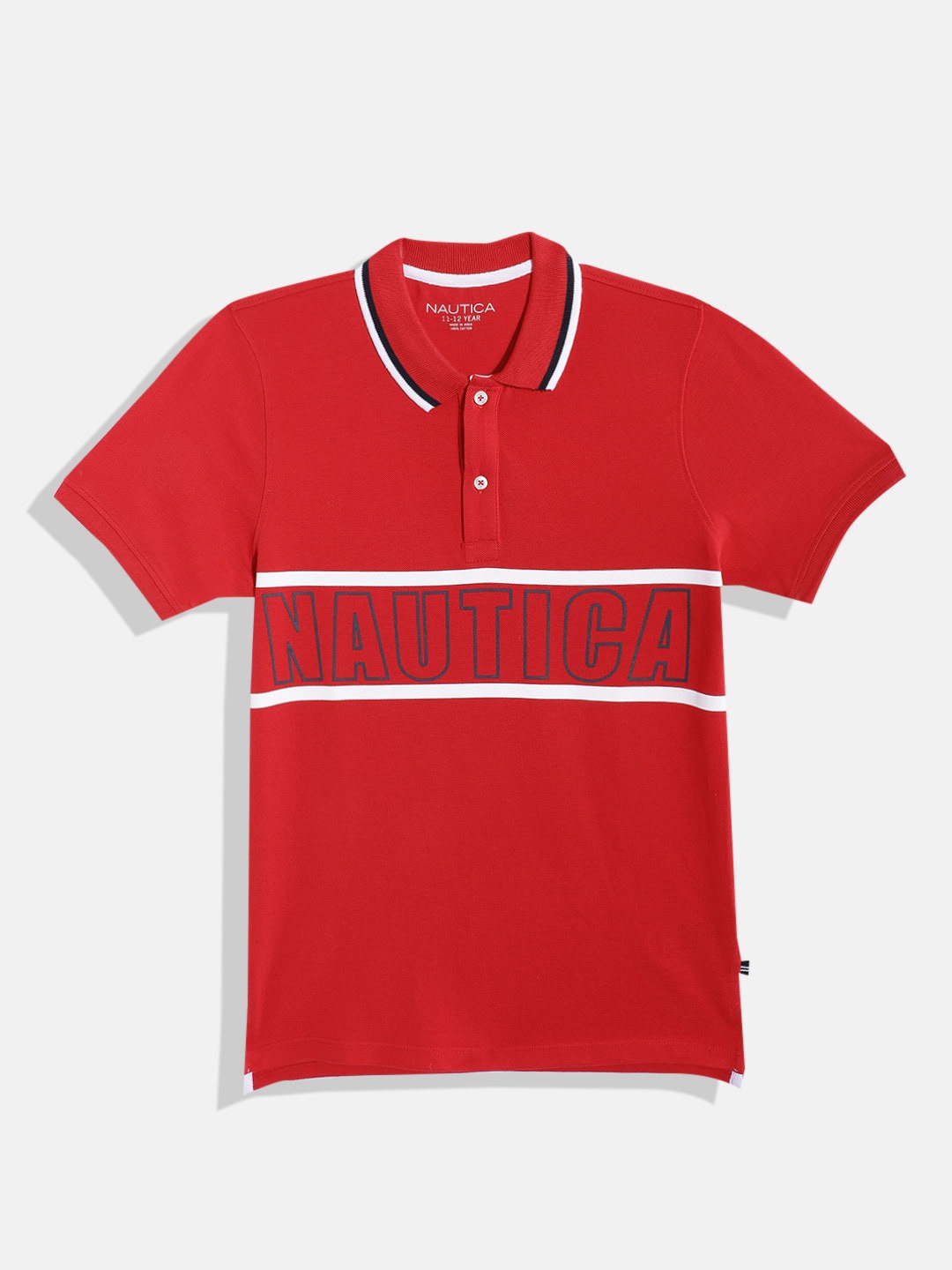 

Nautica Boys Pure Cotton Brand Logo Printed Polo Collar T-shirt, Red