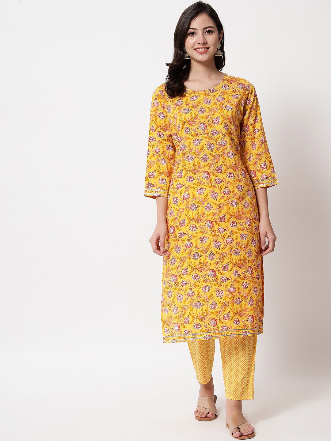 

IkDaiya Women Floral Printed Pure Cotton Kurta with Trouser Set, Mustard