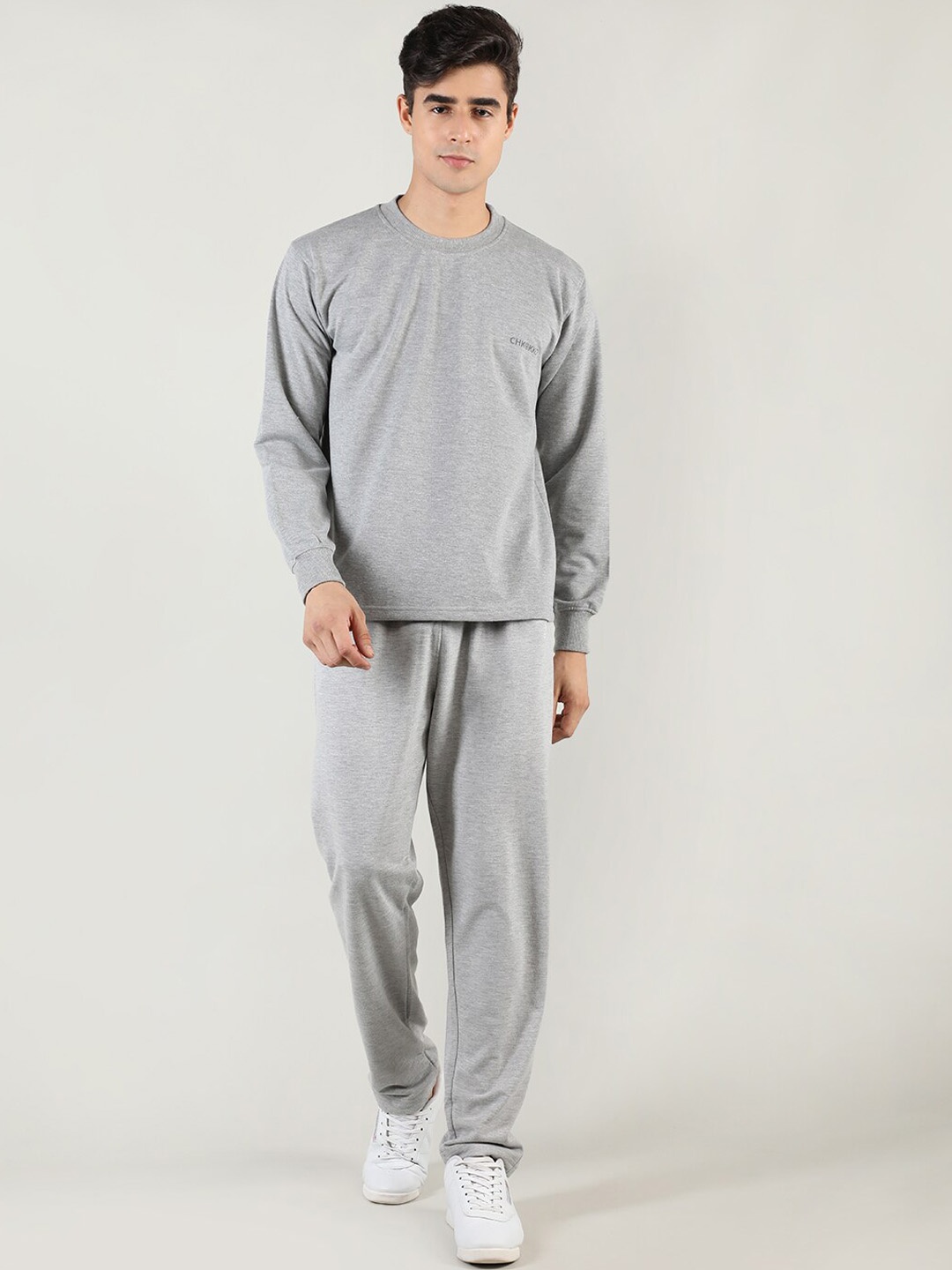 

CHKOKKO Men Light Grey Solid Co-Ords Set