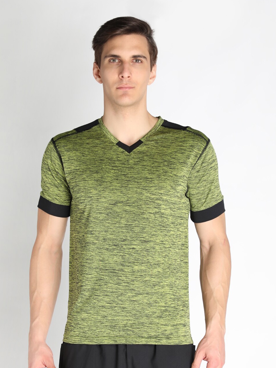 

CHKOKKO Men Olive Green Striped V-Neck T-shirt