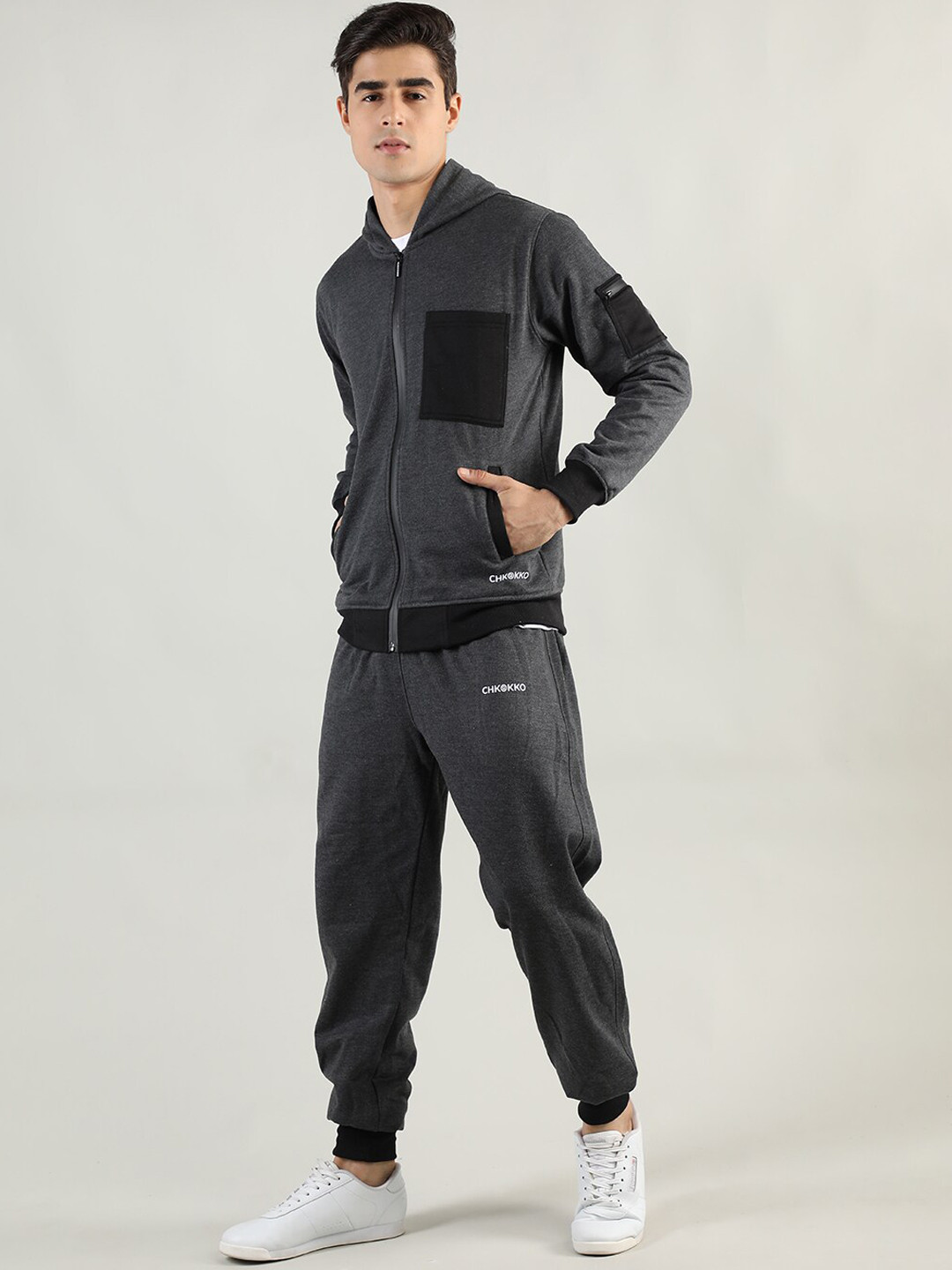 

CHKOKKO Men Grey Solid Regular Fit Tracksuits