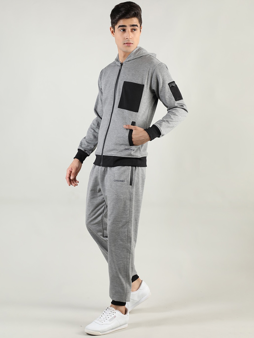 

CHKOKKO Men Grey Solid Tracksuits