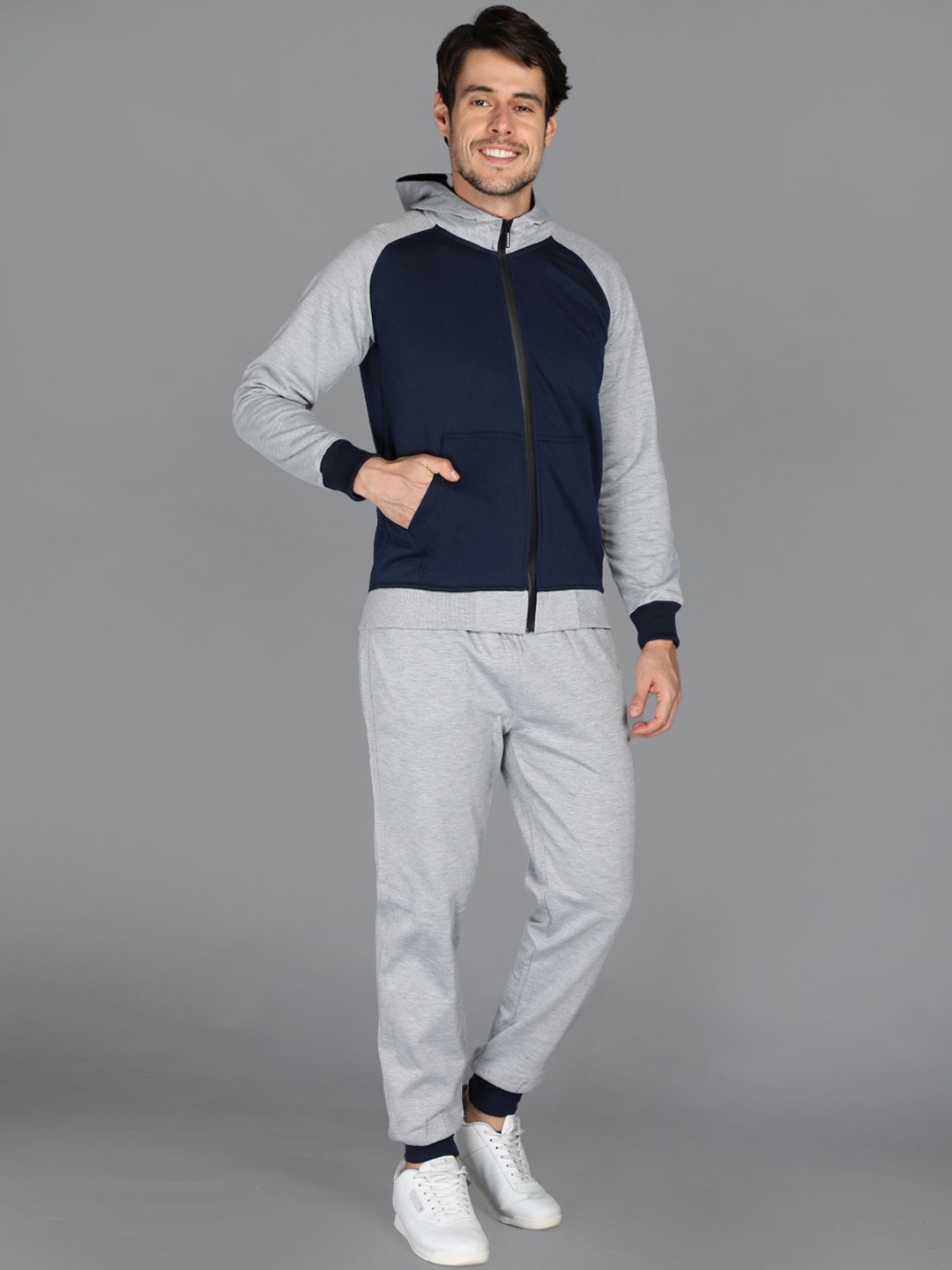 

CHKOKKO Men Navy Blue & Grey Colourblocked Tracksuits