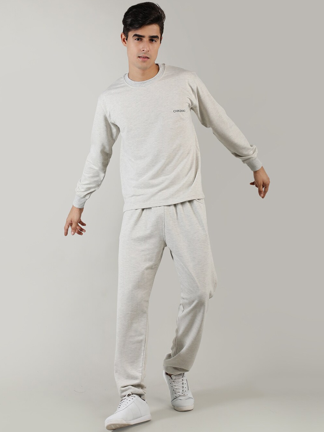 

CHKOKKO Men Off White Solid Track Suit Co-ord Set