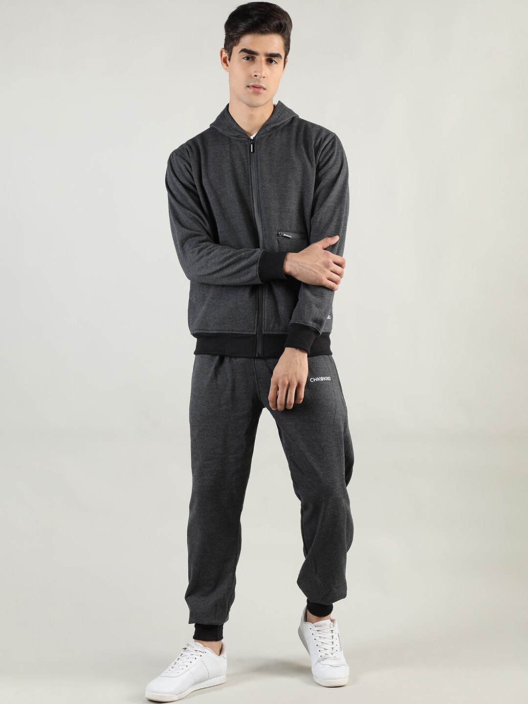 

CHKOKKO Men Grey Solid Sport Essentials Mock Collar Track Suit