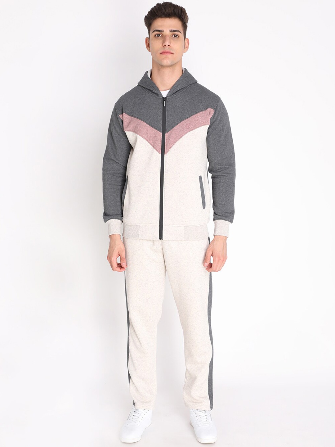 

CHKOKKO Men Grey & Pink Colour-Blocked Tracksuits