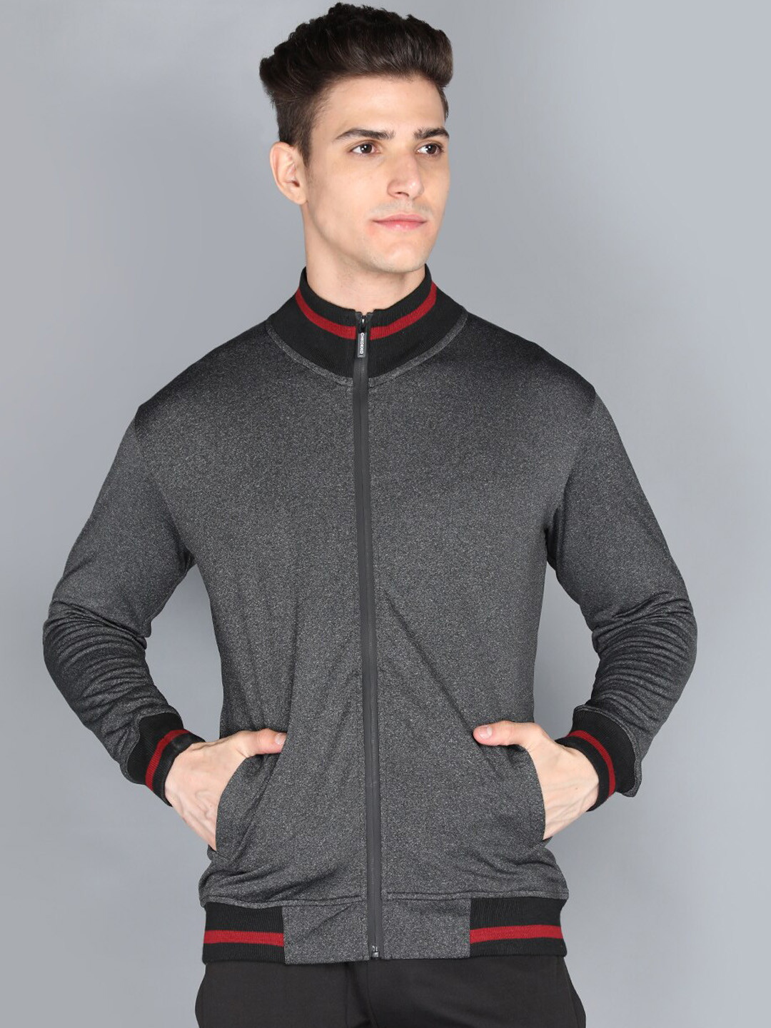 

CHKOKKO Men Grey Mock Collar Long Sleeves Outdoor Bomber Jacket