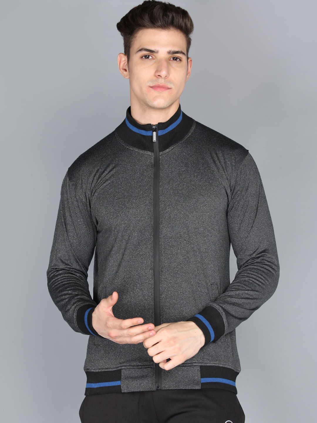 

CHKOKKO Men Grey Solid Mock Collar Long Sleeves Crop Outdoor Bomber Jacket