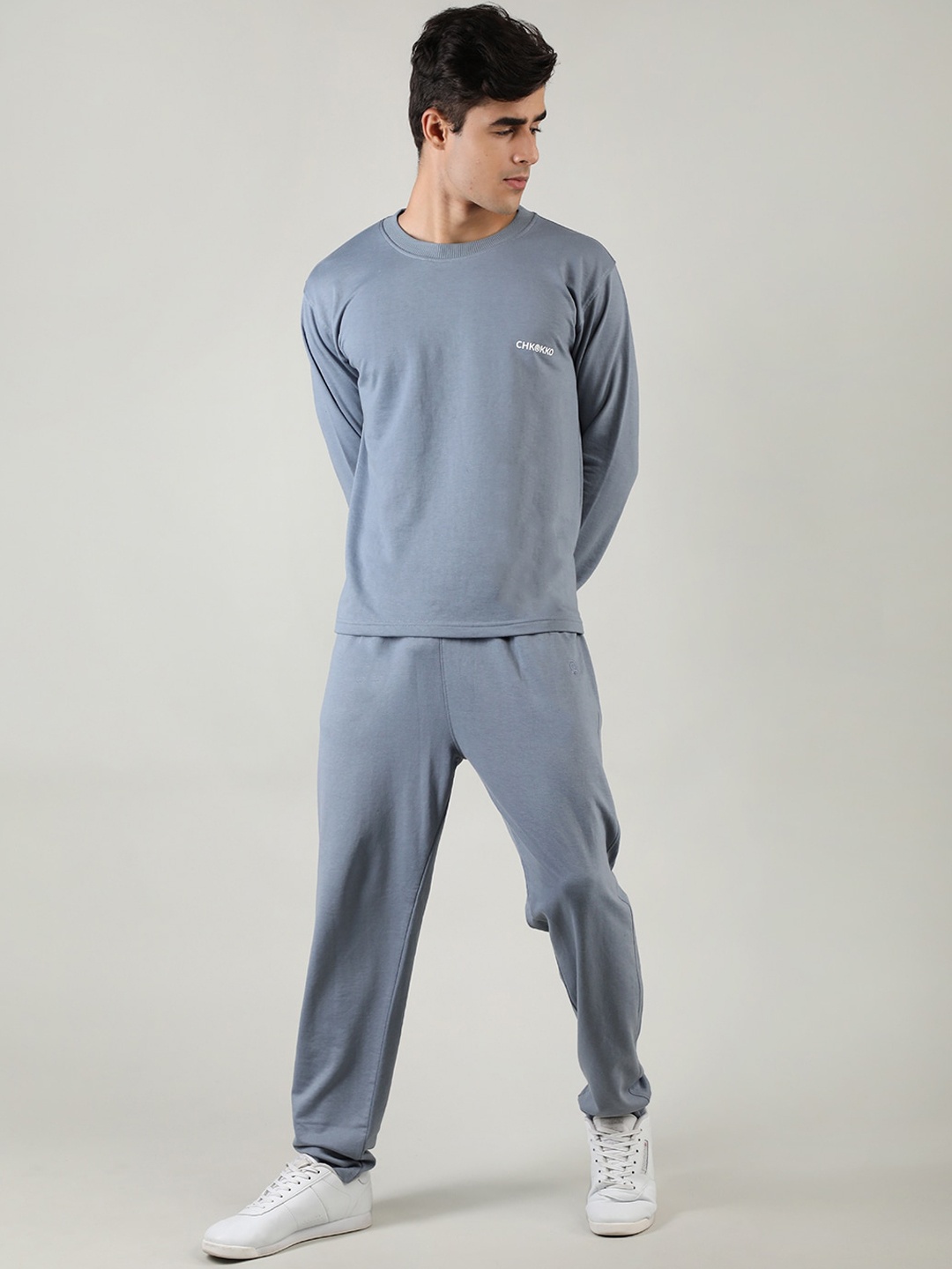 

CHKOKKO Men Grey Solid Casual Co-Ords