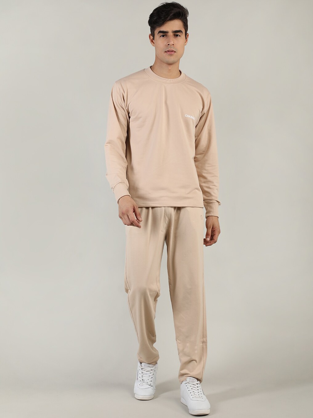 

CHKOKKO Men Beige Solid Cotton Casual Co-Ords