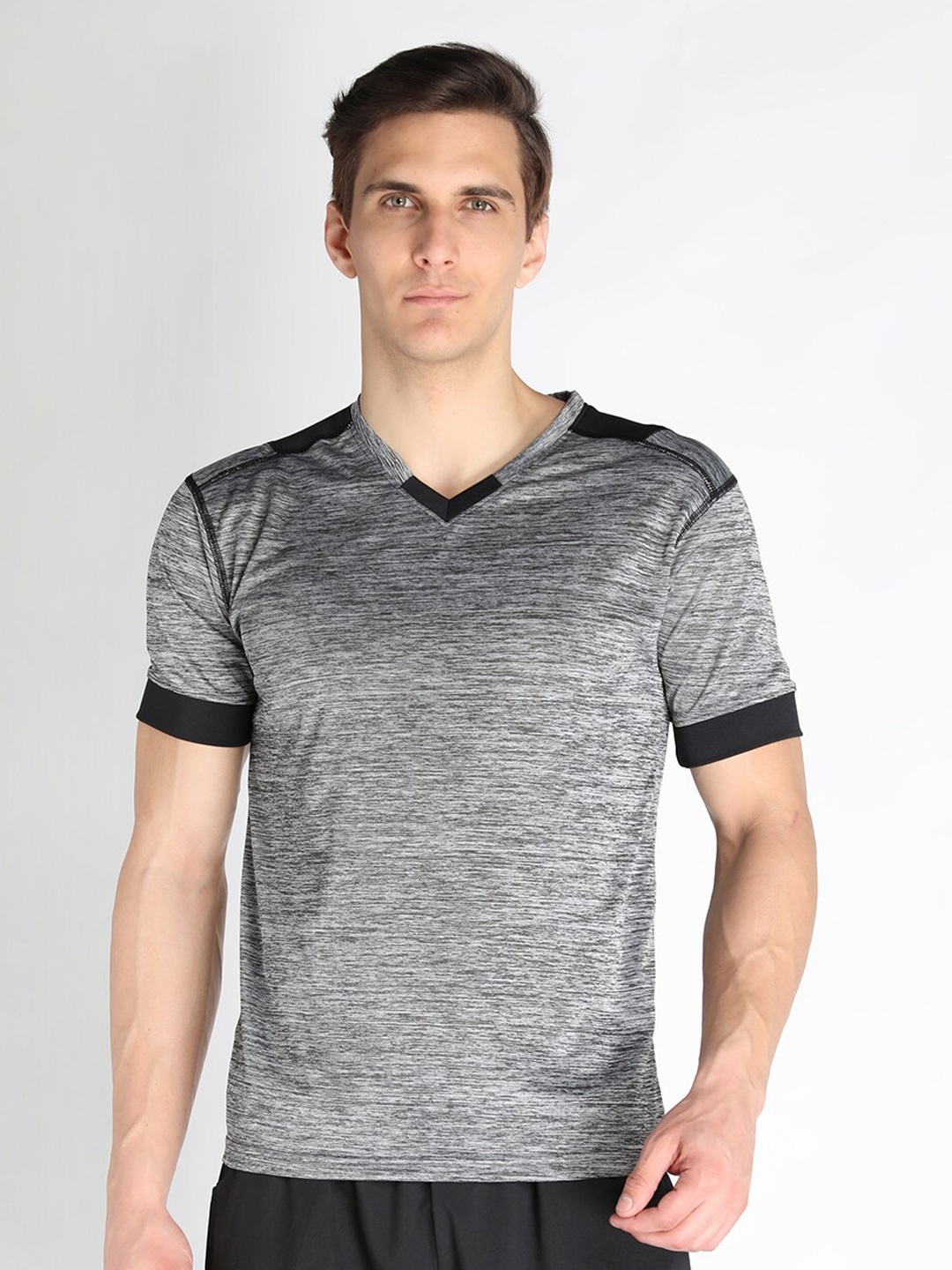 

CHKOKKO Men Grey & Black V-Neck Sports T-Shirt