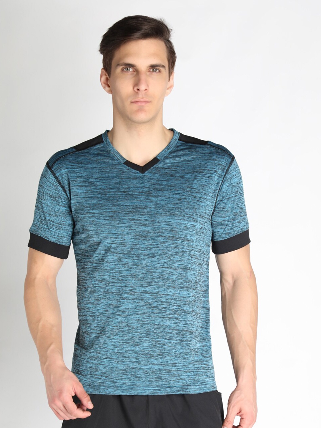 

CHKOKKO Men Sea Green & Black V-Neck Sports T-Shirt