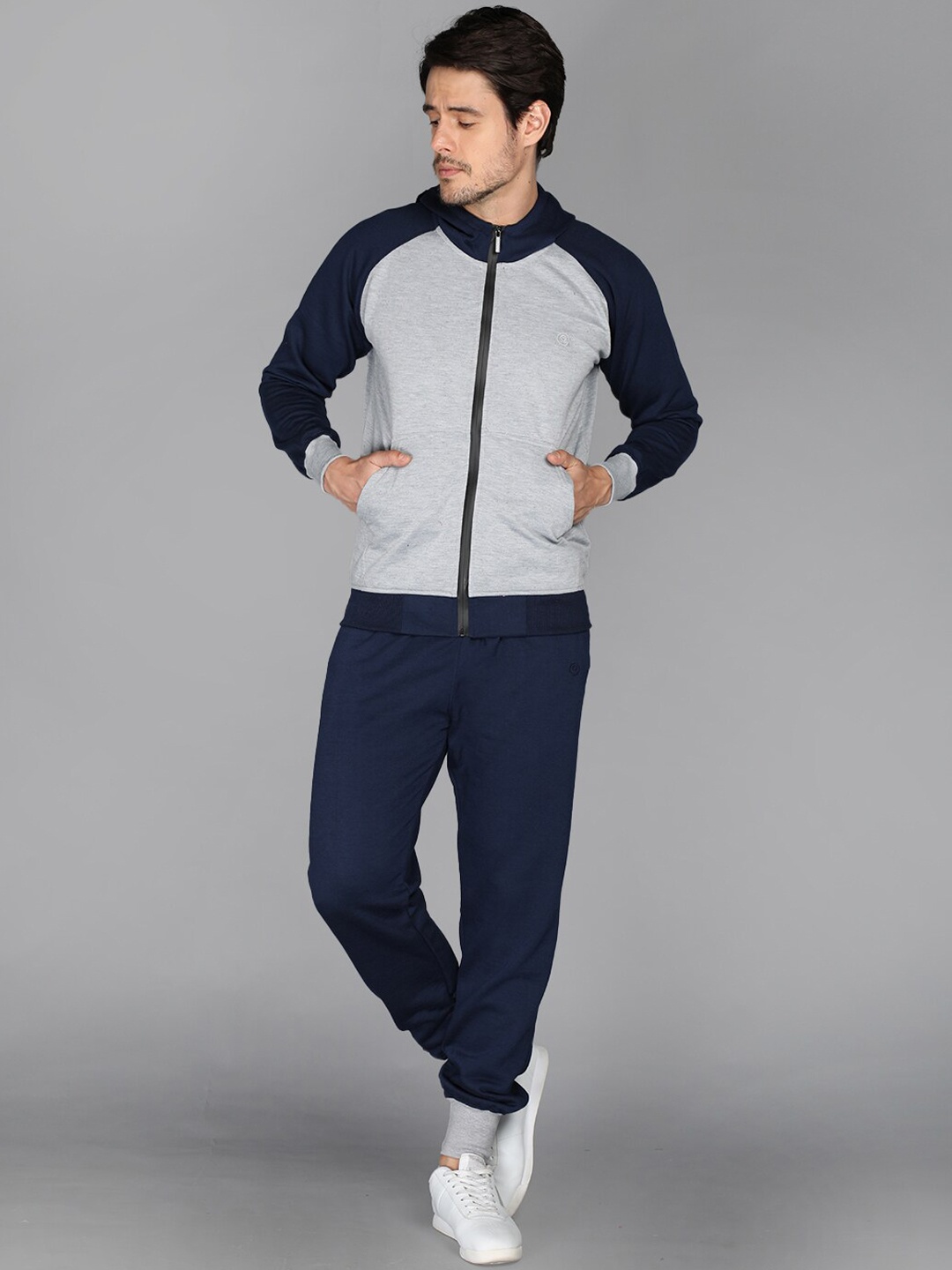 

CHKOKKO Men Grey & Navy Blue Colourblocked Tracksuits