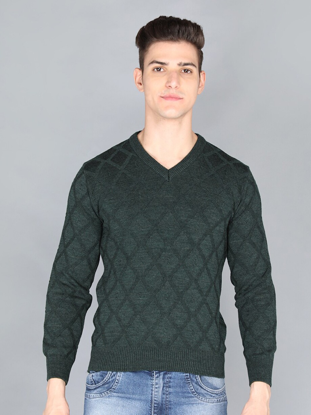 

CHKOKKO Men Olive Green Self Design Pullover