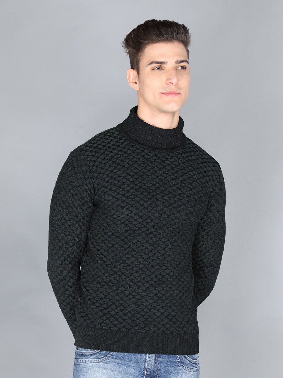 

CHKOKKO Men Black Cable Knit Pullover