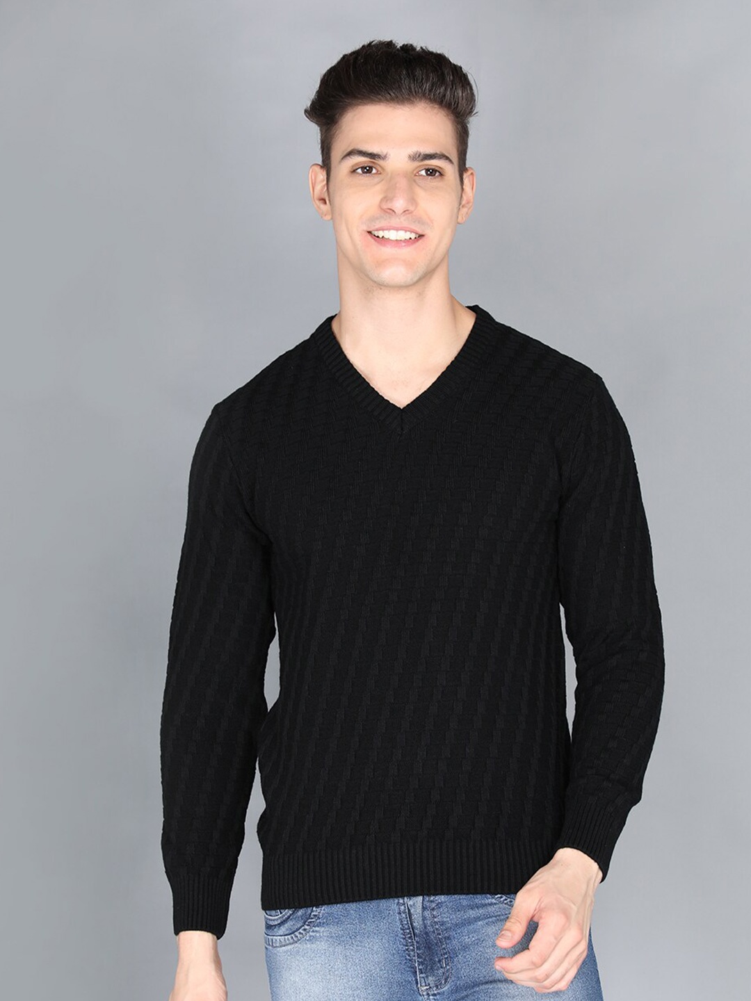 

CHKOKKO Men Black Cable Knit Pullover