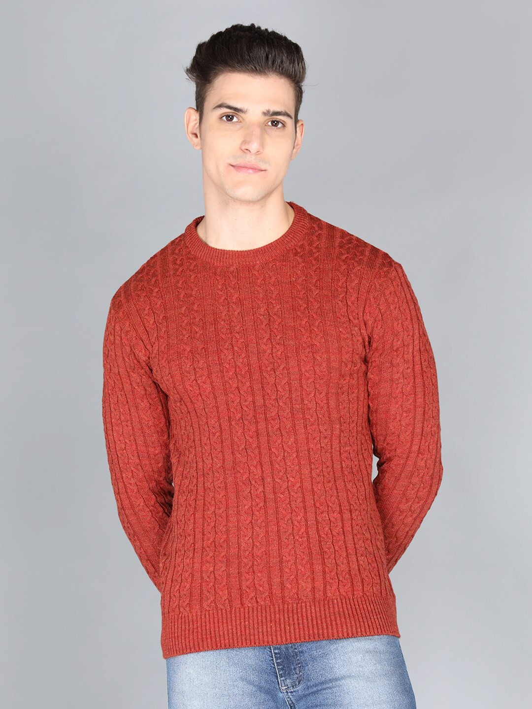 

CHKOKKO Men Rust Self Design Pullover