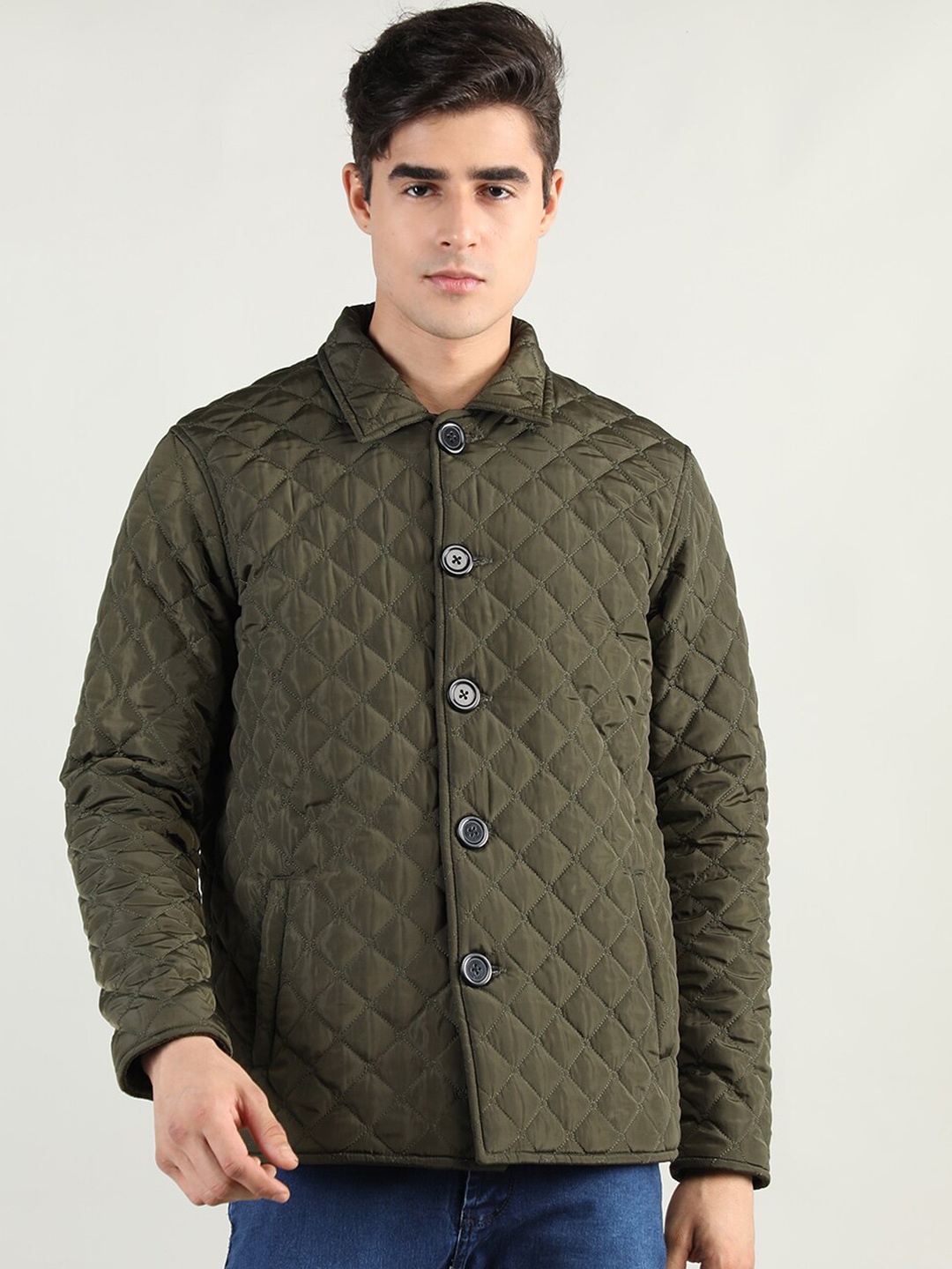 

CHKOKKO Men Olive Green Outdoor Quilted Jacket