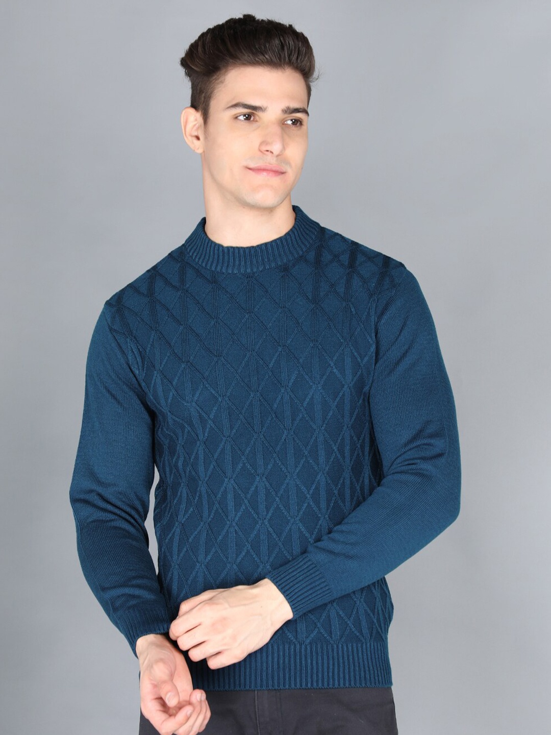 

CHKOKKO Men Blue Cable Knit Pullover