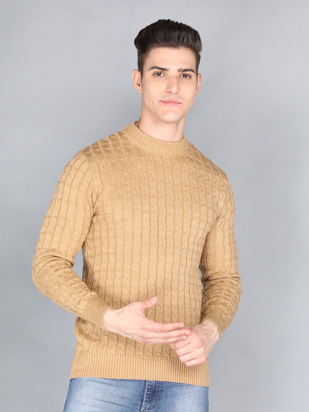 

CHKOKKO Men Camel Brown Self Design Pullover