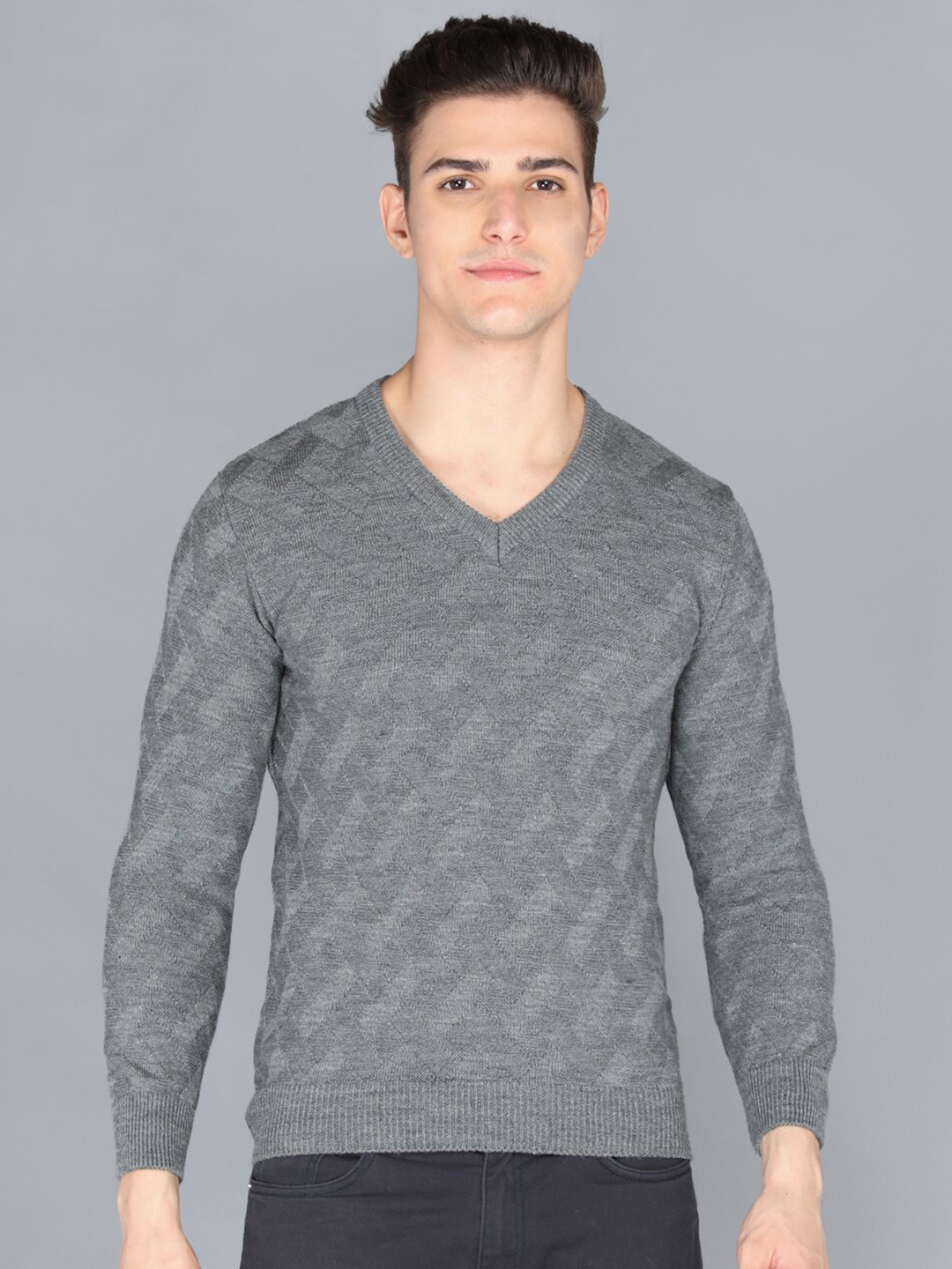 

CHKOKKO Men Grey Striped Pullover