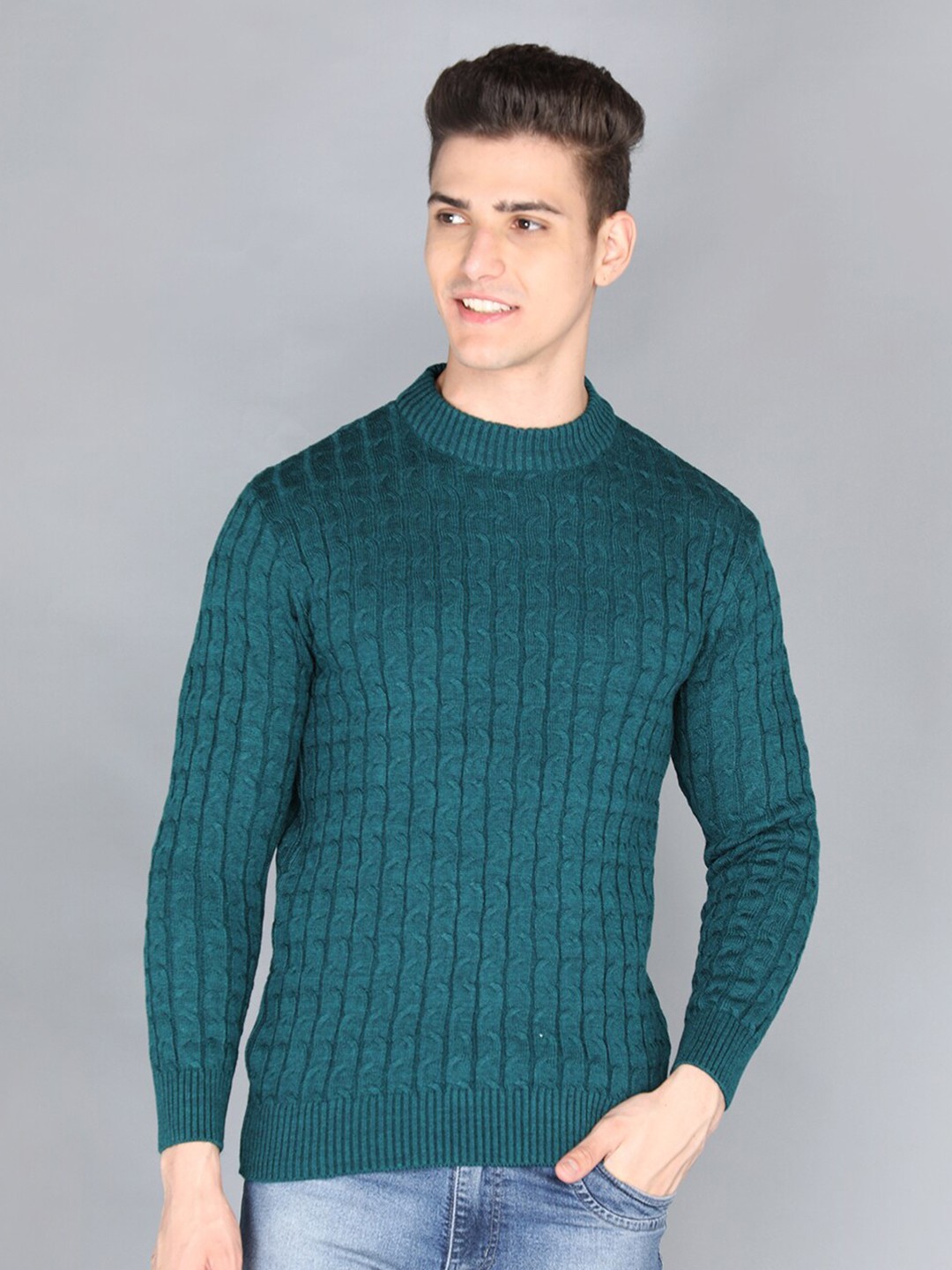 

CHKOKKO Men Green Cable Knit Pullover