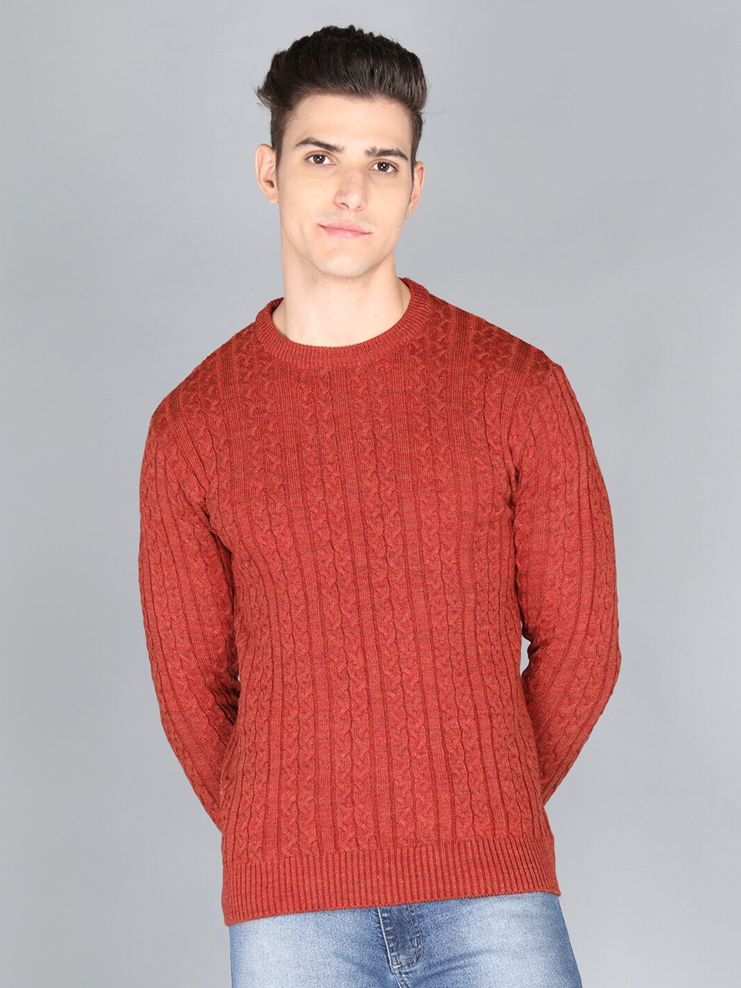 

CHKOKKO Men Rust Cable Knit Pullover