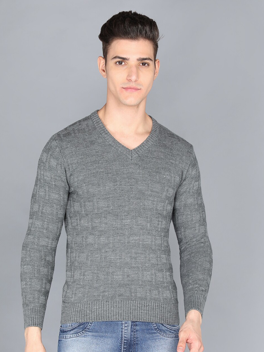 

CHKOKKO Men Grey Self Design Pullover