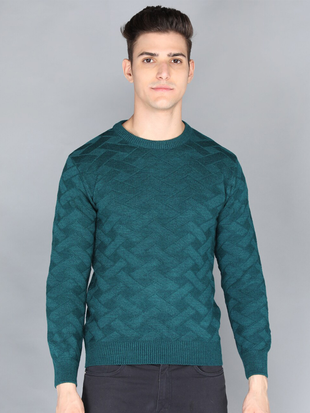 

CHKOKKO Men Green Self Design Pullover