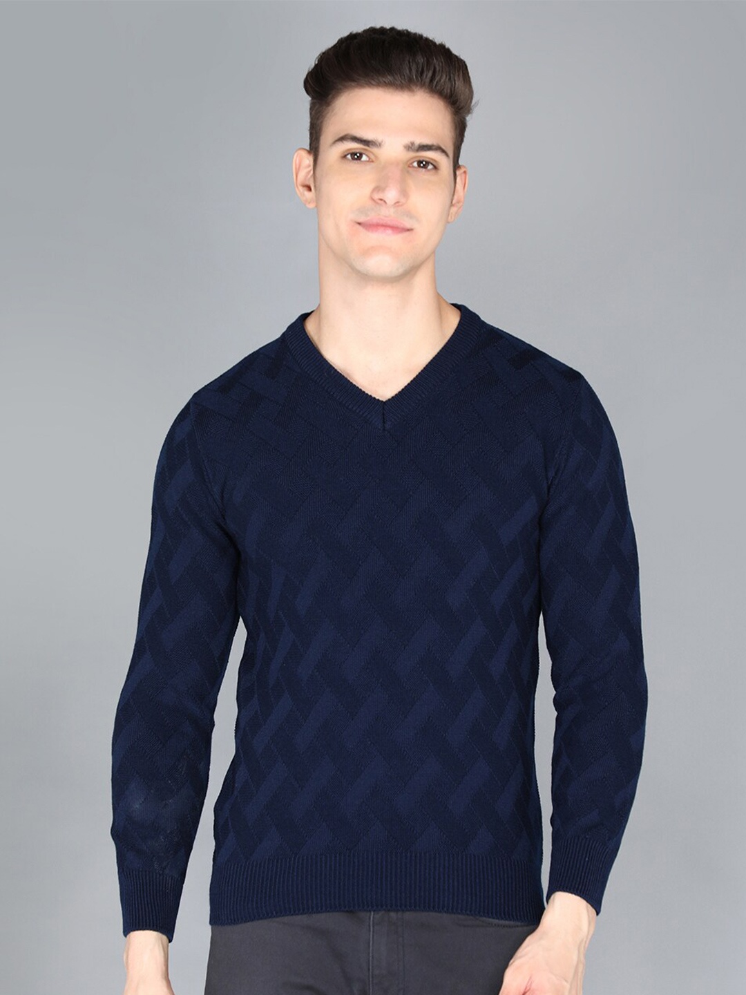 

CHKOKKO Men Navy Blue Self Design Pullover