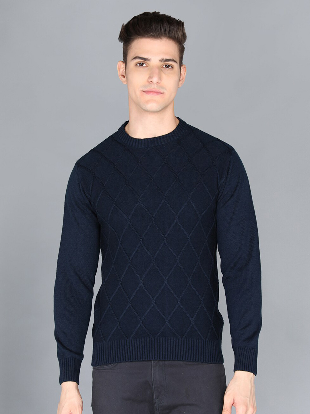 

CHKOKKO Men Navy Blue Self Design Pullover