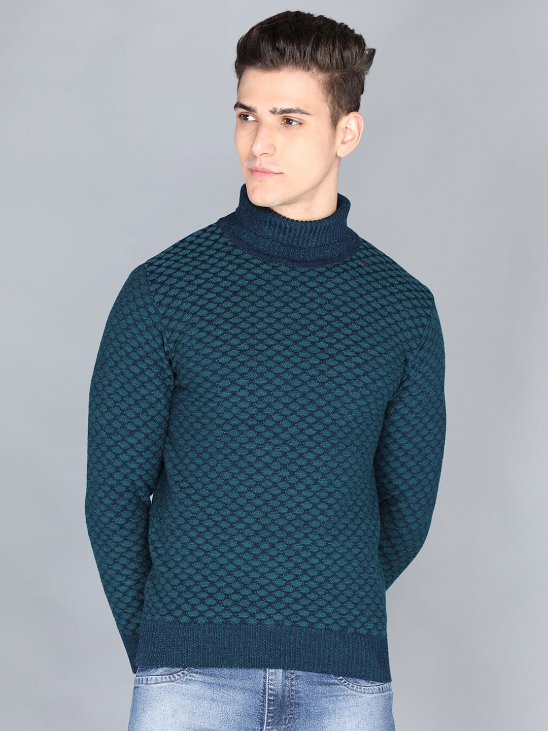

CHKOKKO Men Teal Self Design Pullover