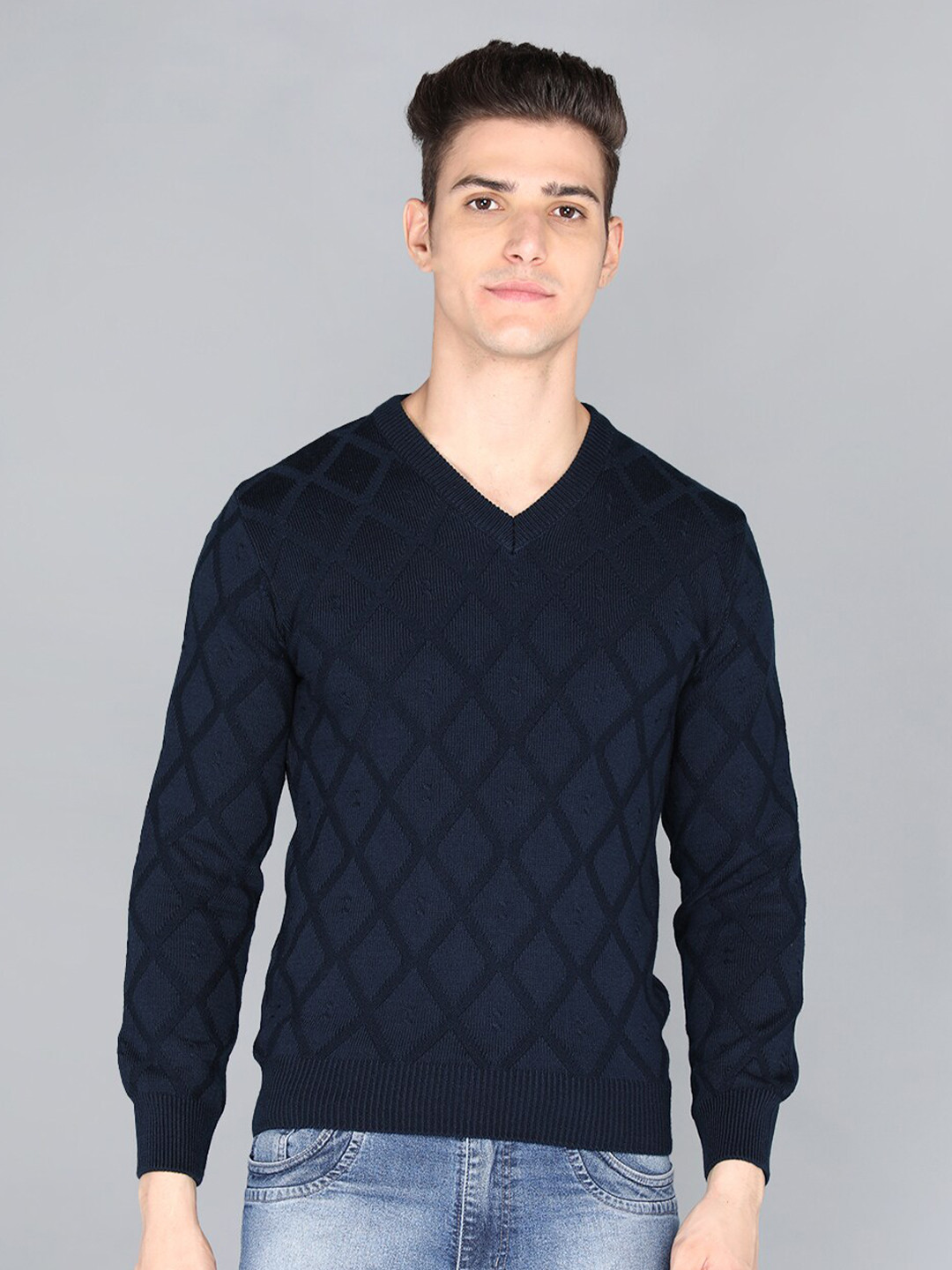 

CHKOKKO Men Navy Blue Self Design Pullover