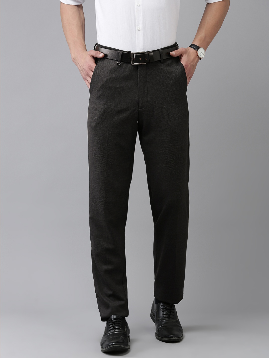 

Van Heusen Men Textured Custom Low-Rise Trousers, Charcoal