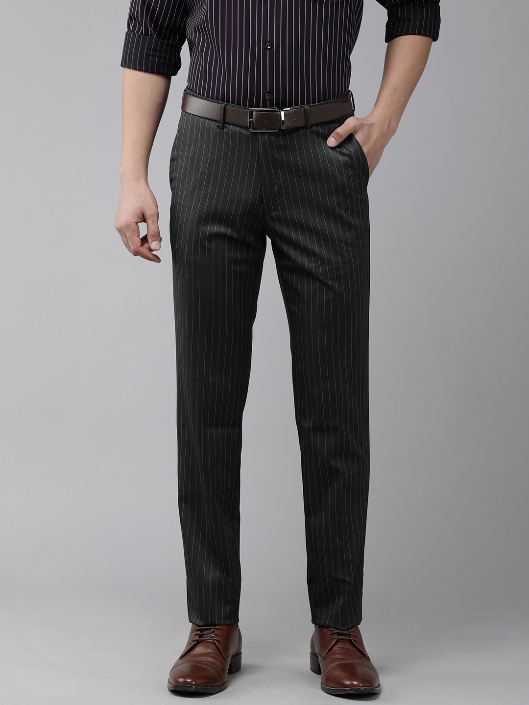 

Van Heusen Men Flat Front Striped Slim Fit Formal Trousers, Grey