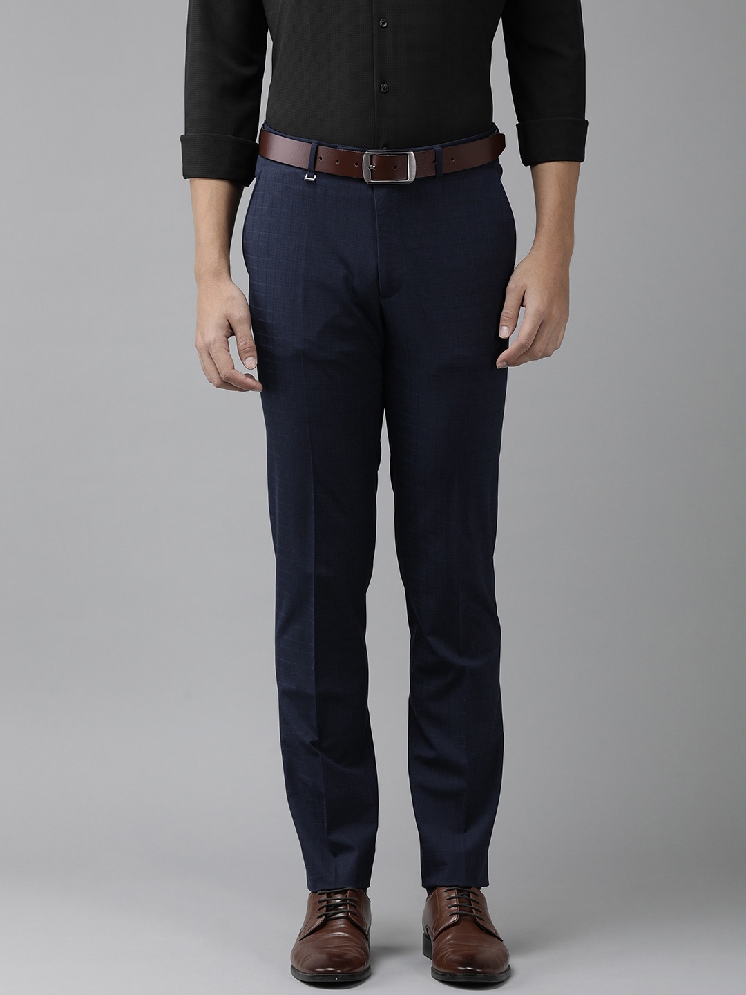 

Van Heusen Men Navy Blue Checked Slim Fit Formal Trousers