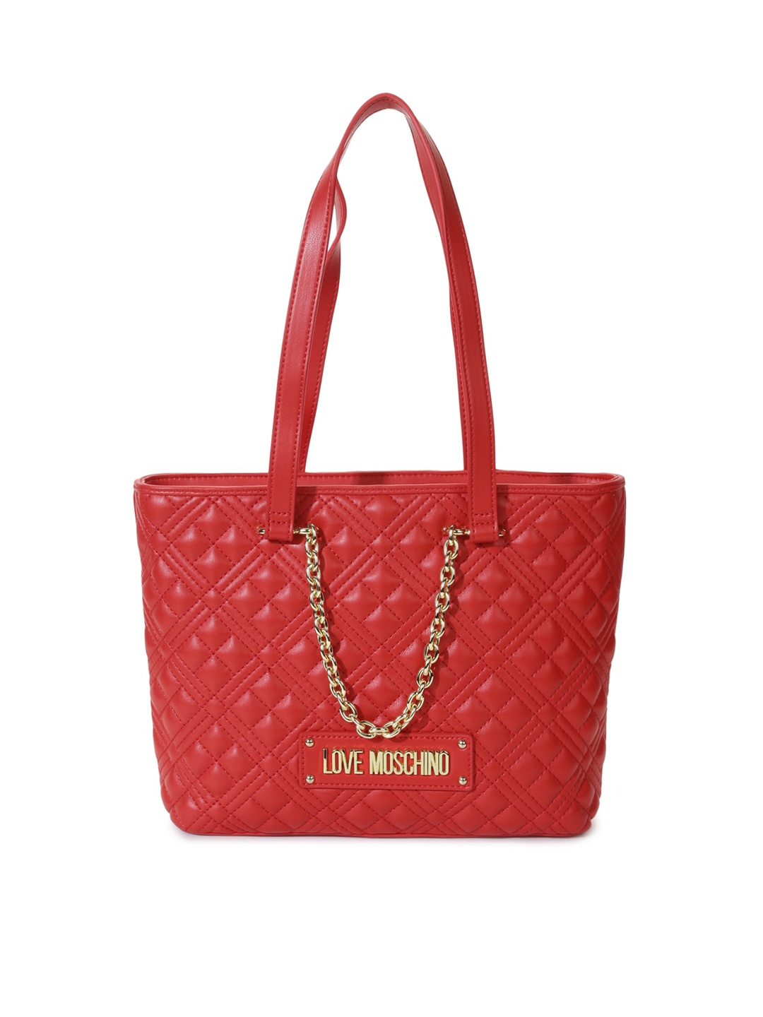 LOVE MOSCHINO Women Textured PU Structured Tote Bag with Quilted, Red