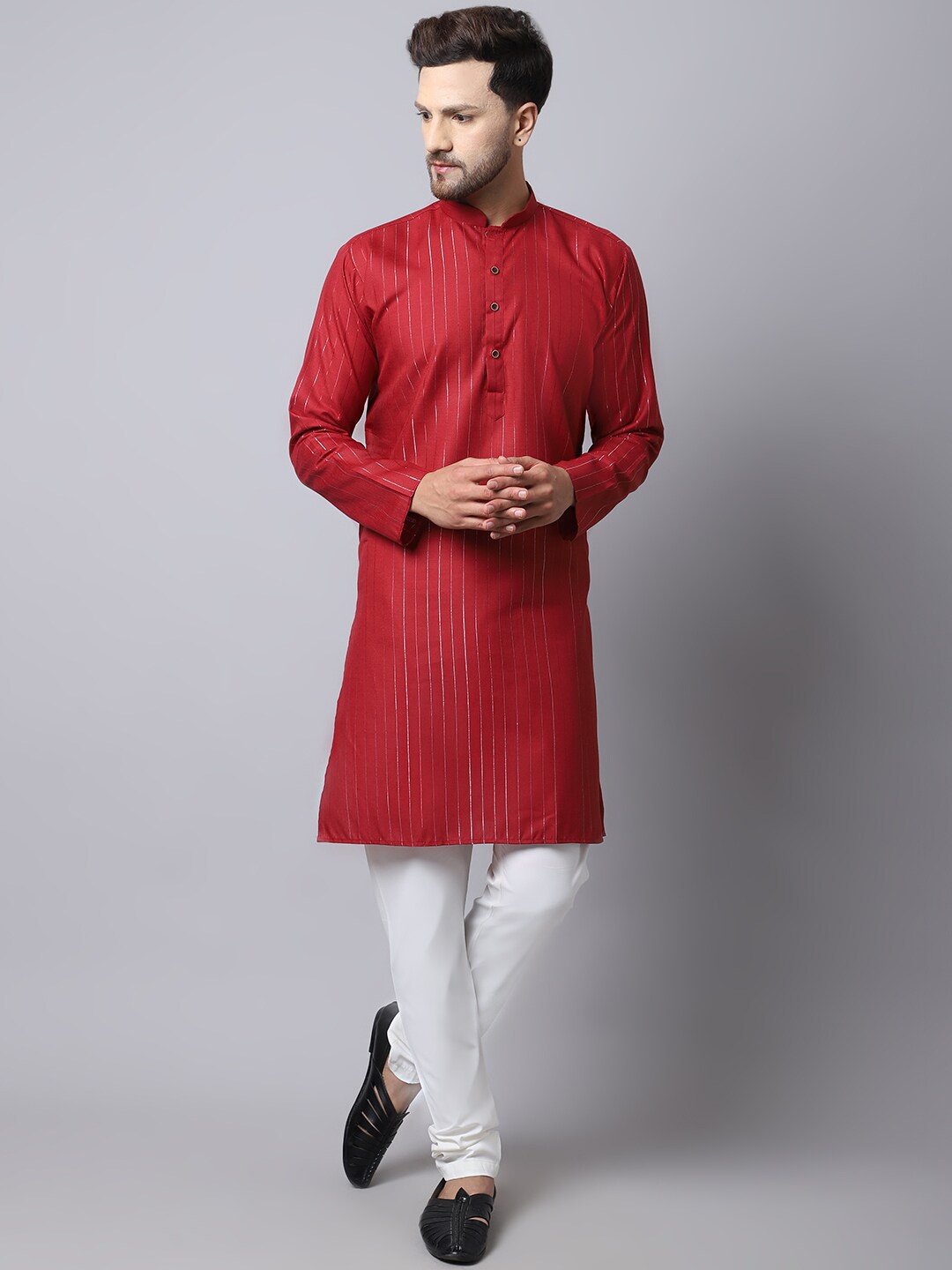 

Kaifoo Men Striped Cotton Blend Straight Kurta with Churidar, Maroon