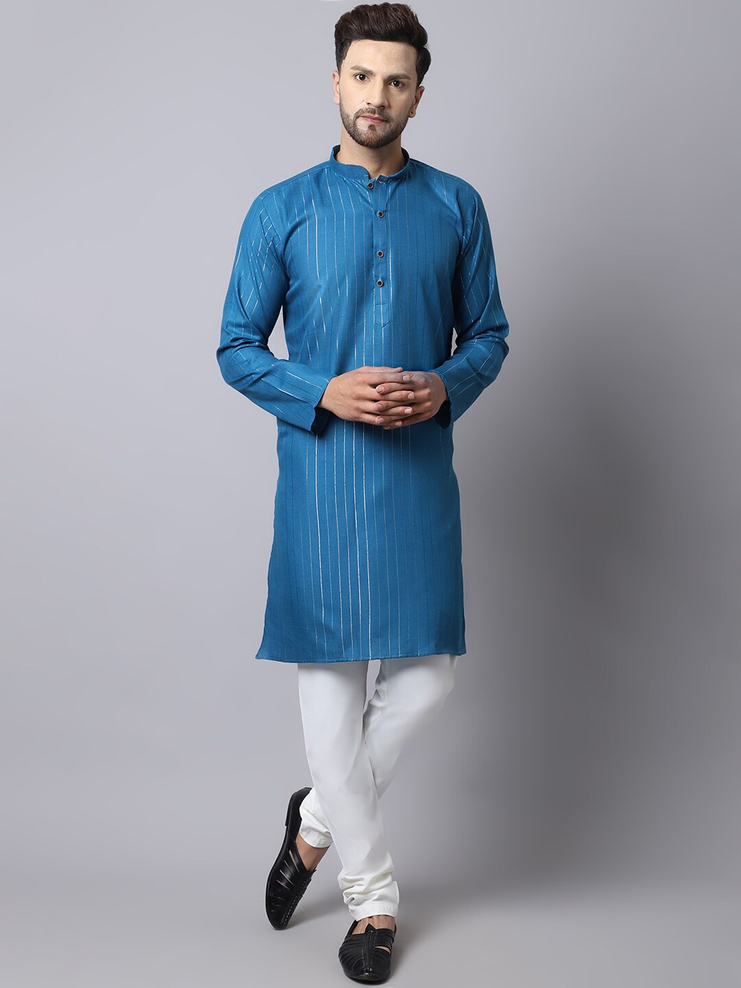 

Kaifoo Men Striped Cotton Straight Kurta with Churidar, Blue