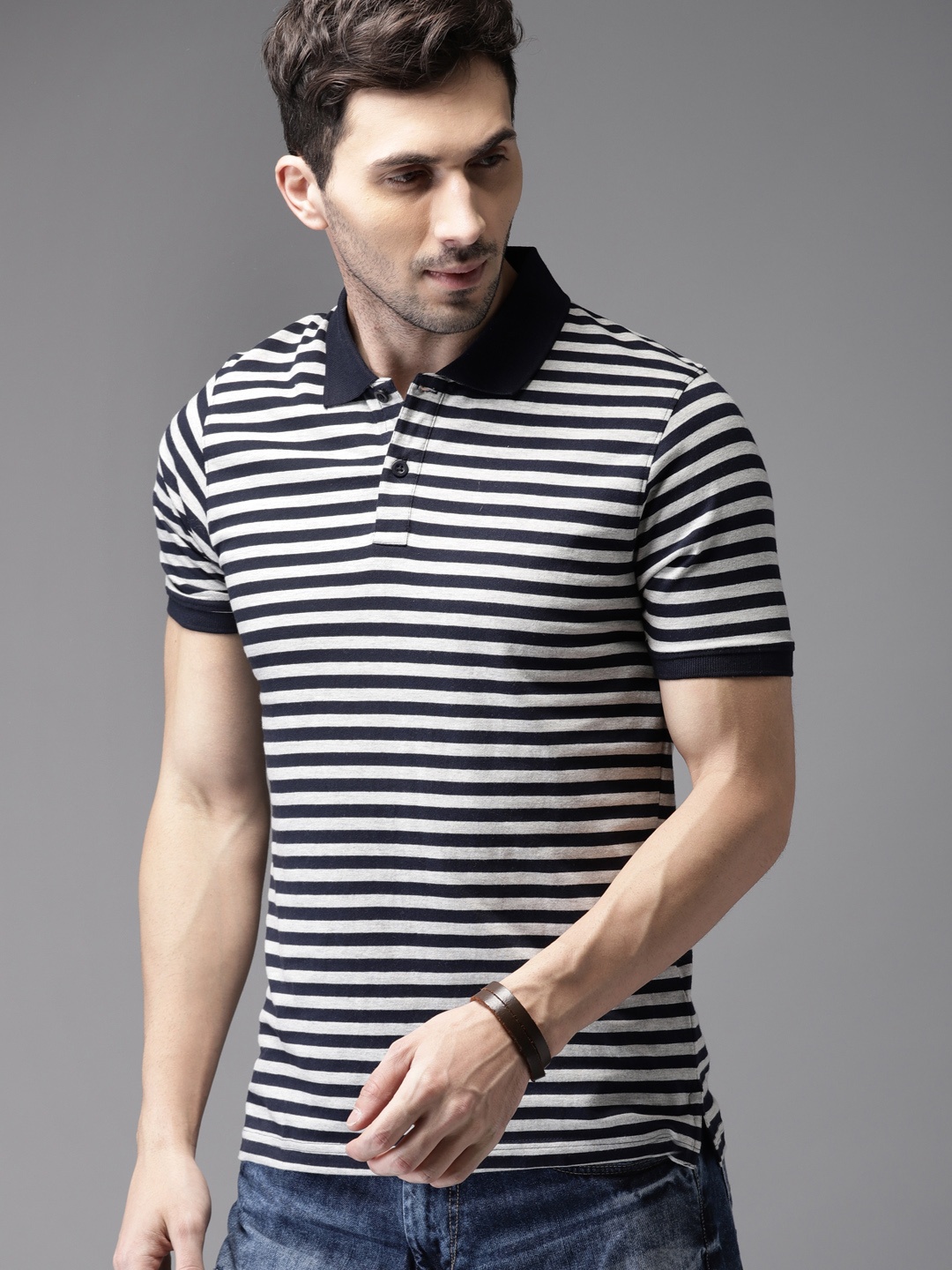 HERENOW Men Grey Navy Blue Striped Polo T-shirt