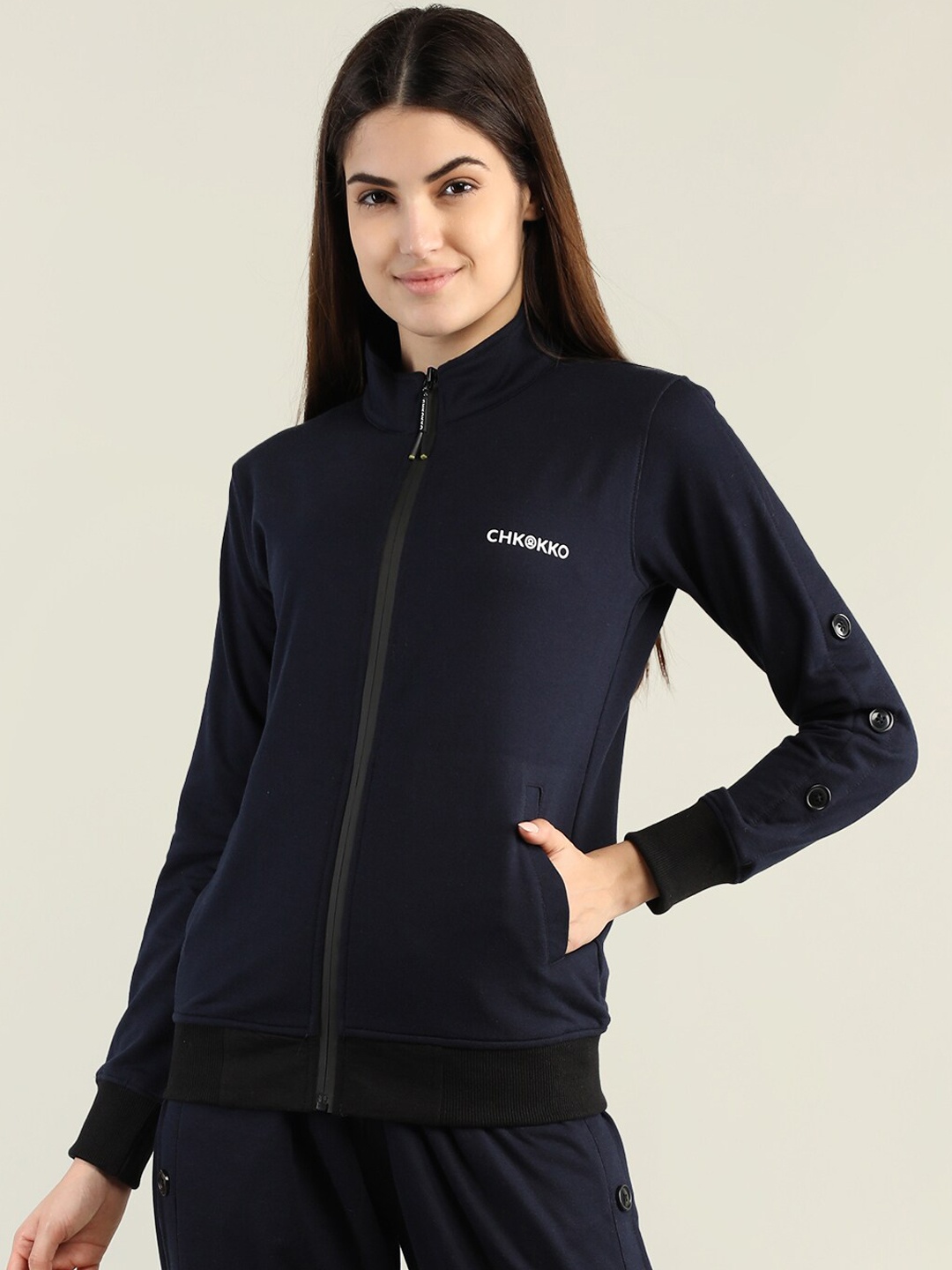 

CHKOKKO Women Navy Blue Cotton Outdoor Bomber Jacket