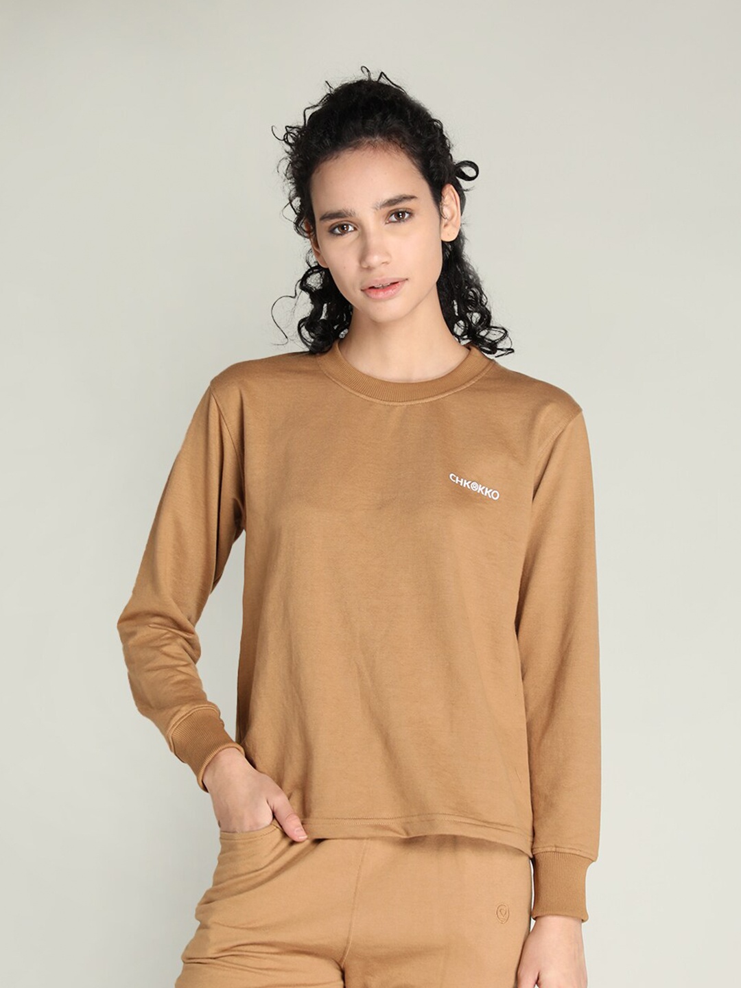 

CHKOKKO Women Khaki Solid Cotton T-shirt