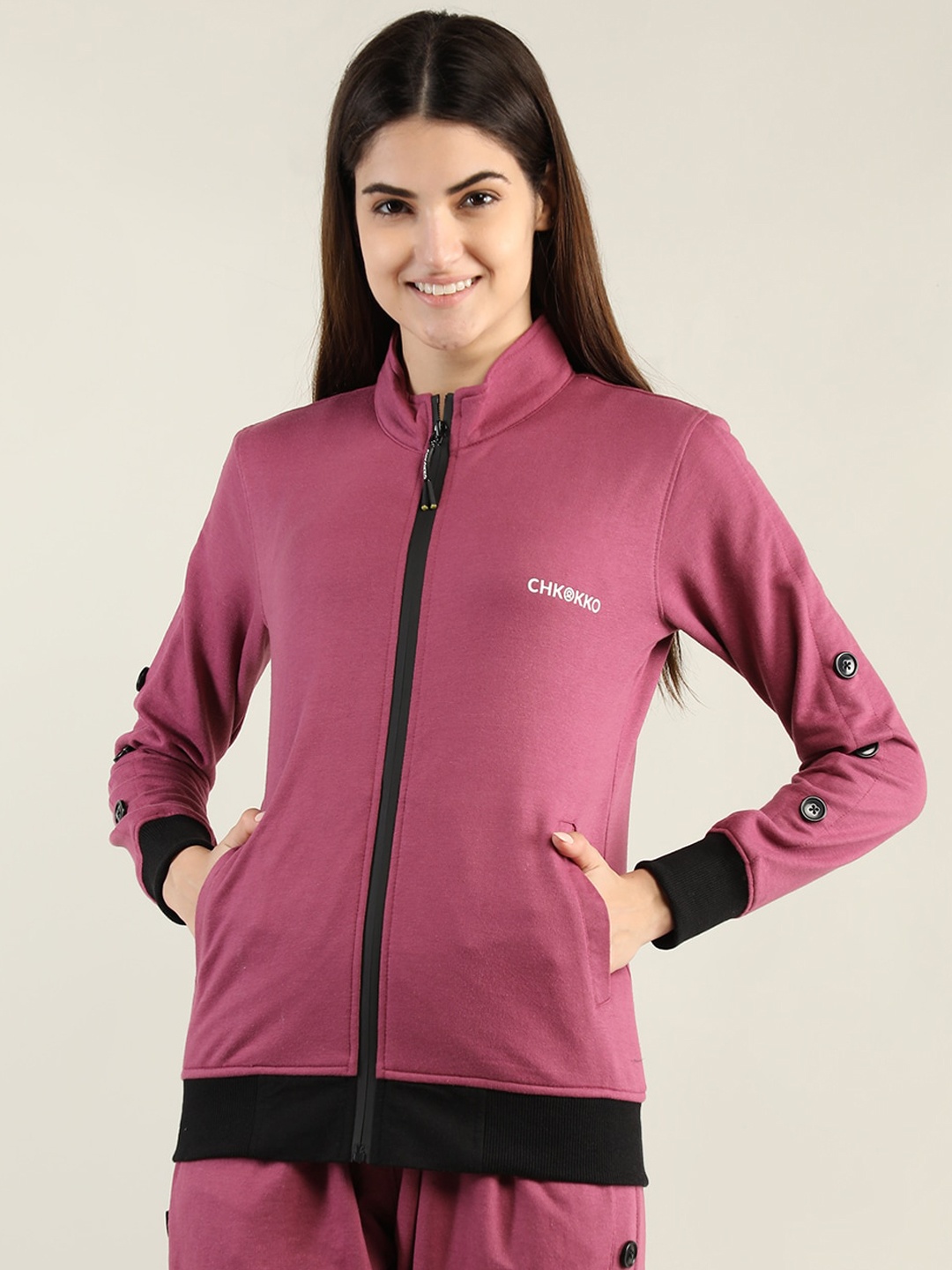 

CHKOKKO Women Purple And Black Solid Cotton Outdoor Sporty Jacket