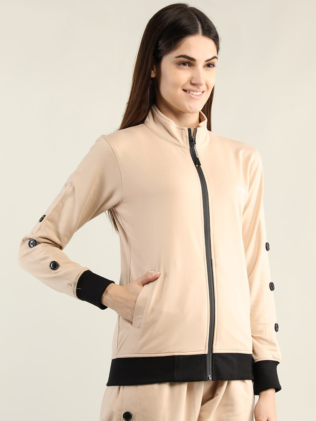 

CHKOKKO Women Beige And Black Solid Cotton Outdoor Sporty Jacket